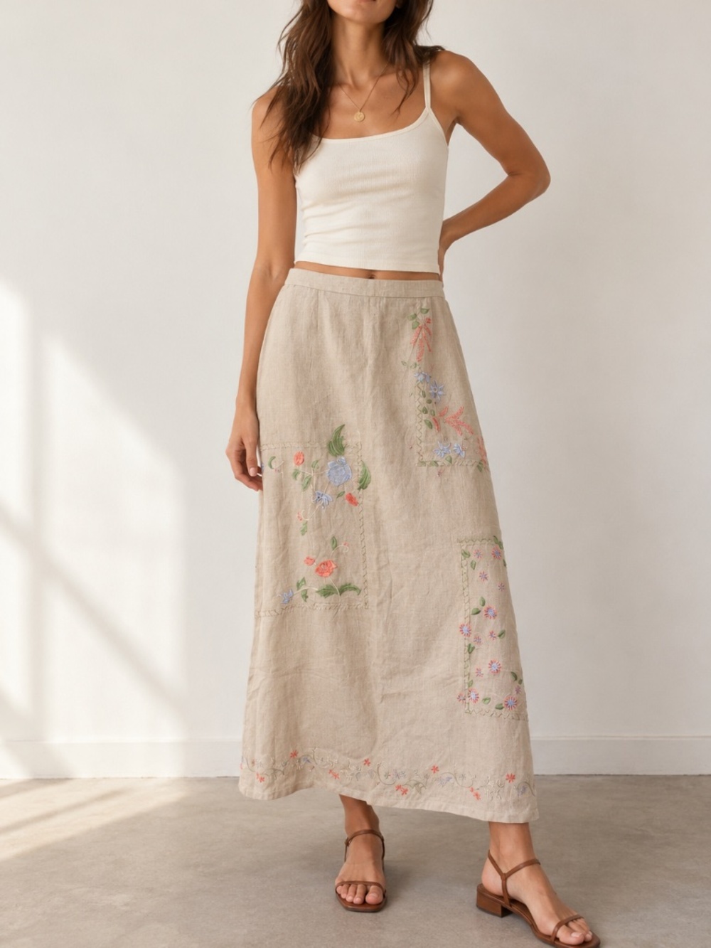 Vintage The Eagle's Eye Embroidered Floral 100% Linen Maxi Skirt 8